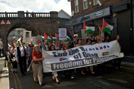 Click on image to see full-sized version Protest at Israeli massacre on Aid Flotilla: the march lead by the Raytheon-9 Women in Derry's City centre.
